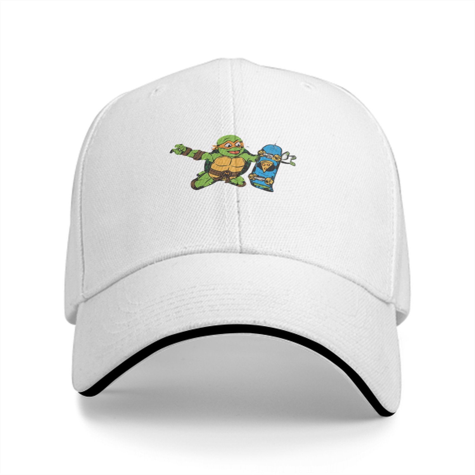 Black Baseball Cap with Cartoon Ninja Turtle Skateboard Graphic