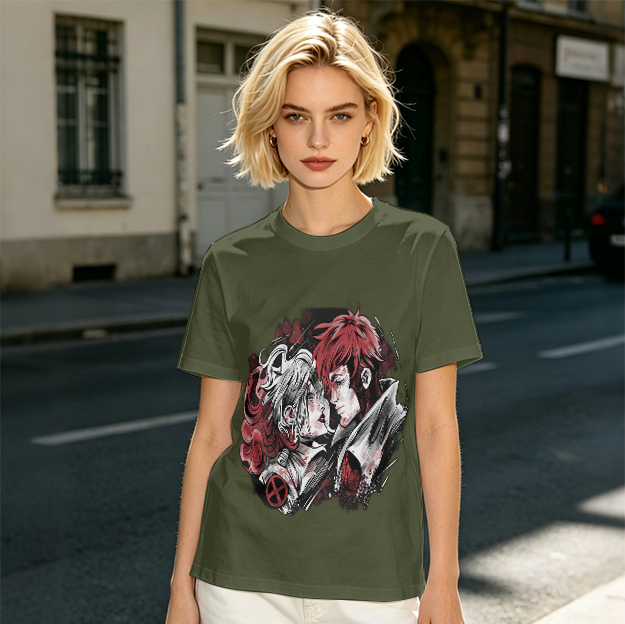 Olive T-Shirt with Anime Style Character Portrait Print