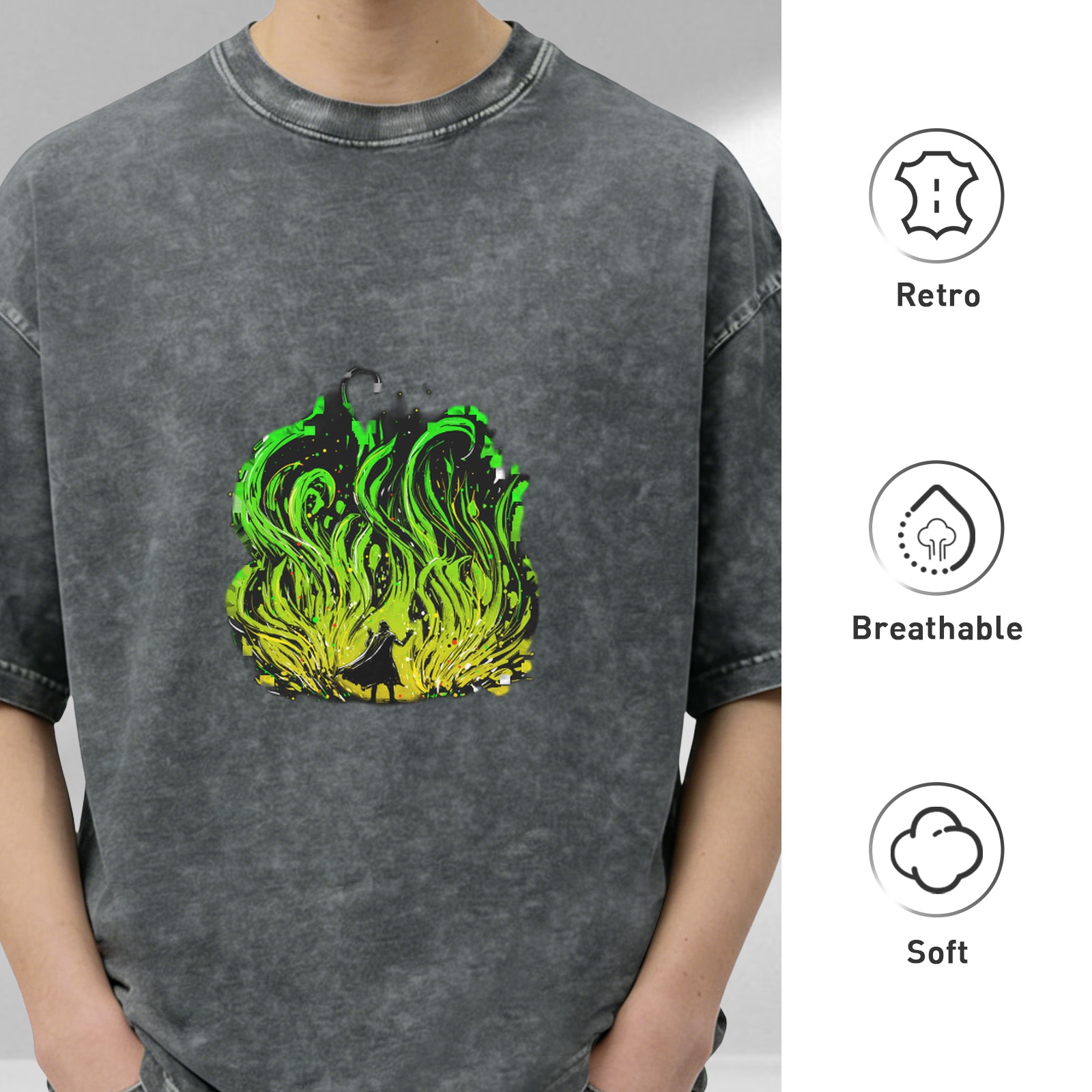 Oversized Acid Wash T-Shirt With Green Flame Silhouette Print
