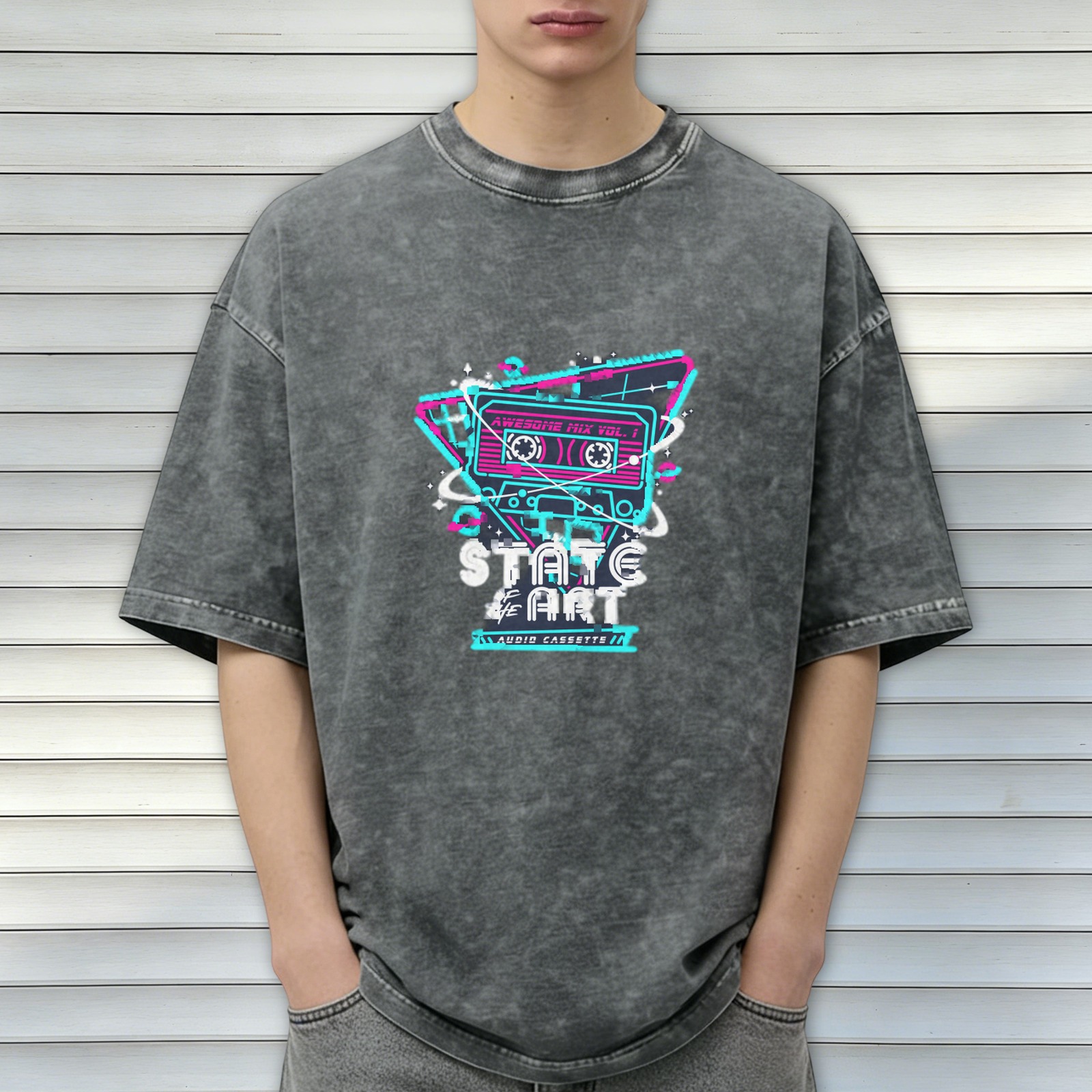 Oversized Acid Wash T-Shirt with Retro 80s Cassette Graphic