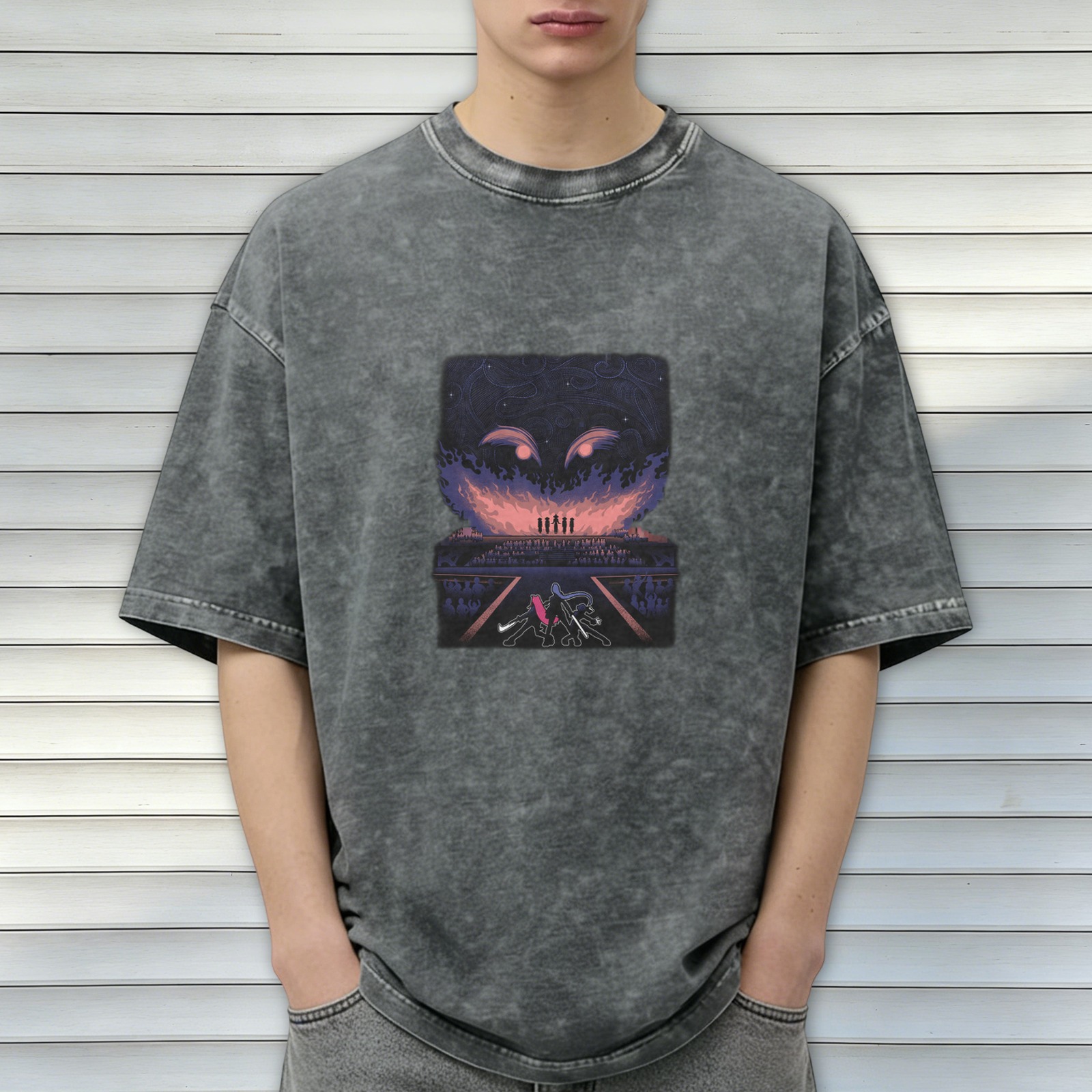 Oversized Acid Wash Graphic T-Shirt with Dark Fantasy Art Print