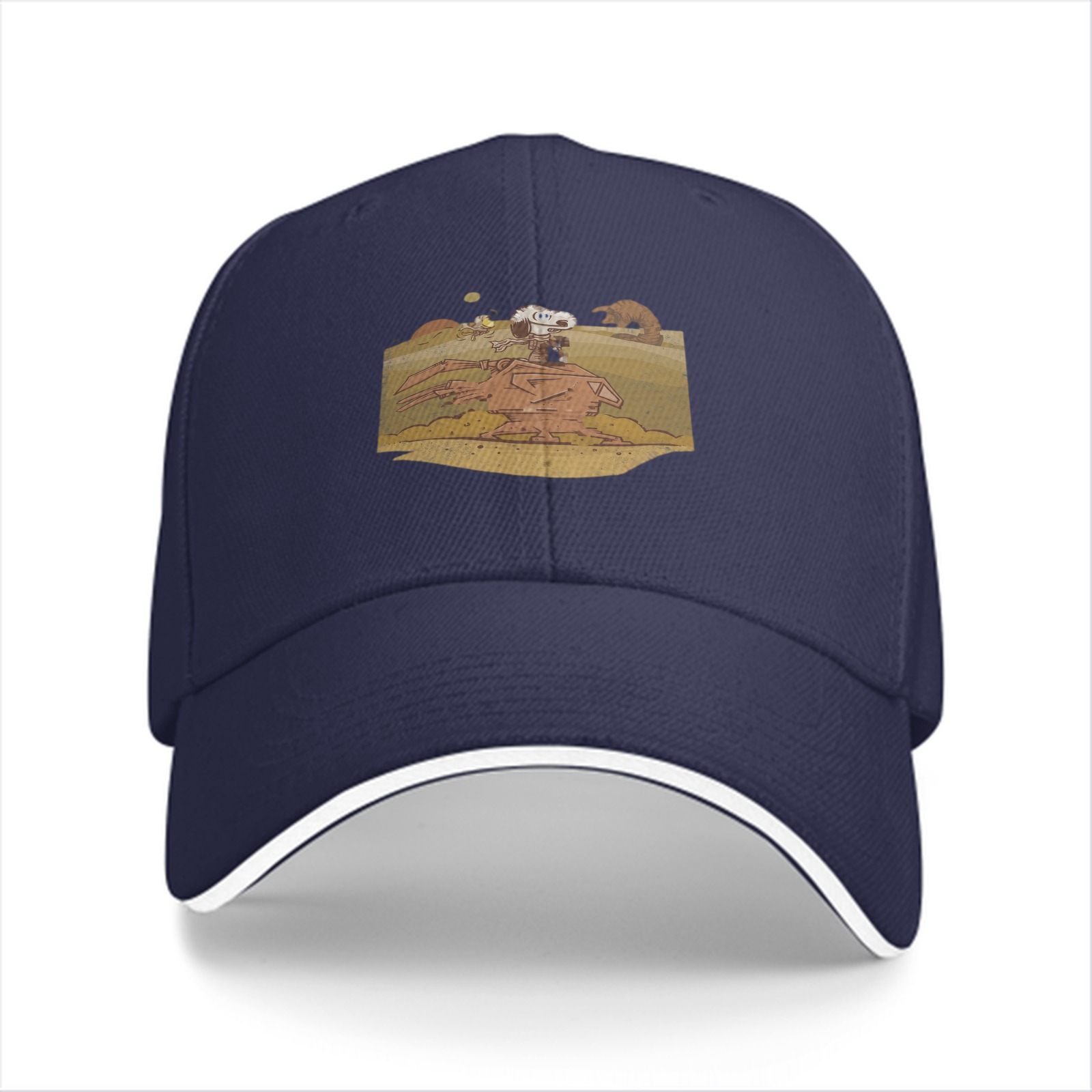 Black baseball cap with Snoopy desert scene graphic print