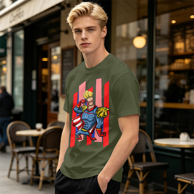 Olive T-Shirt With Cartoon Superhero Character Graphic Print
