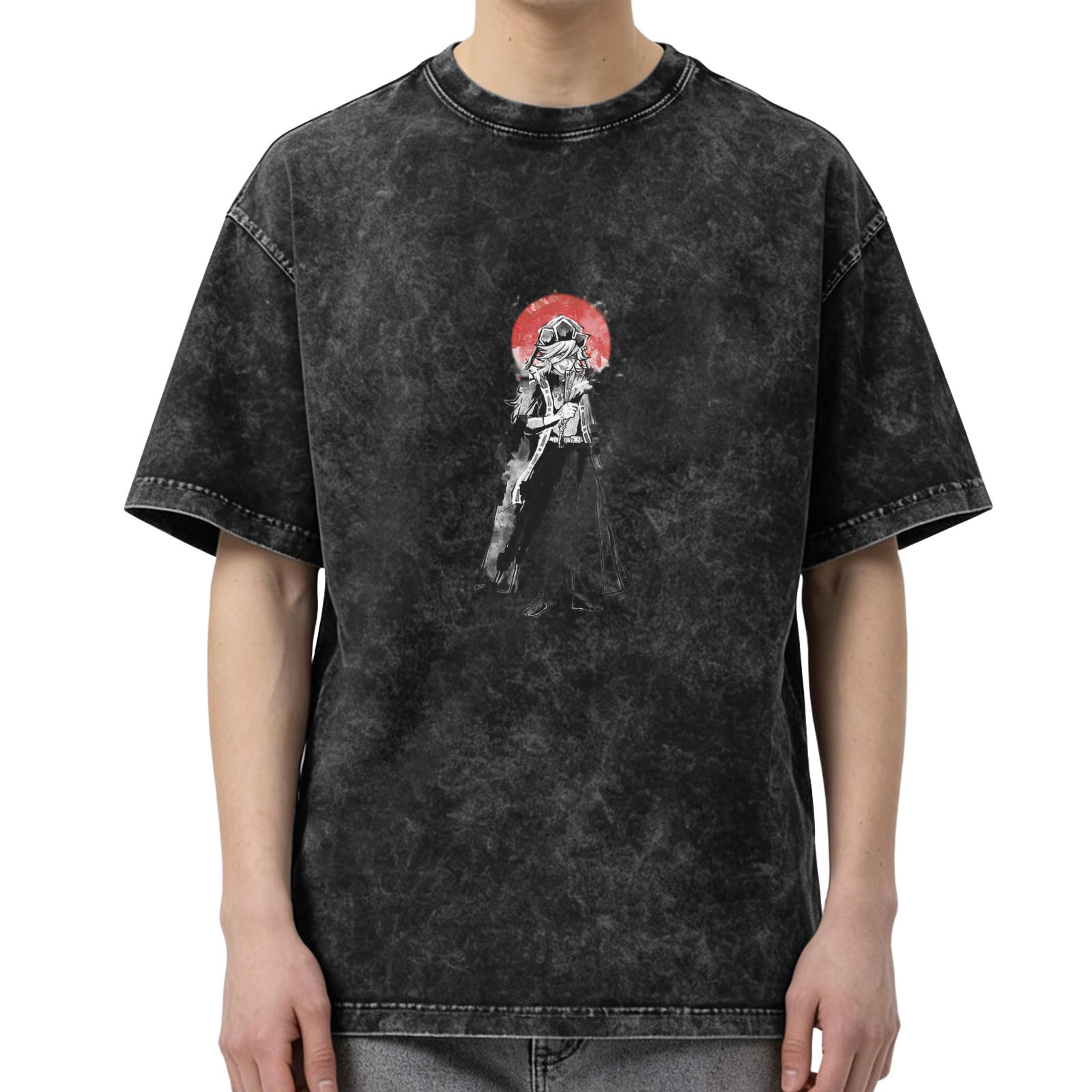 Washed Black T-Shirt With Samurai Warrior And Red Sun Print
