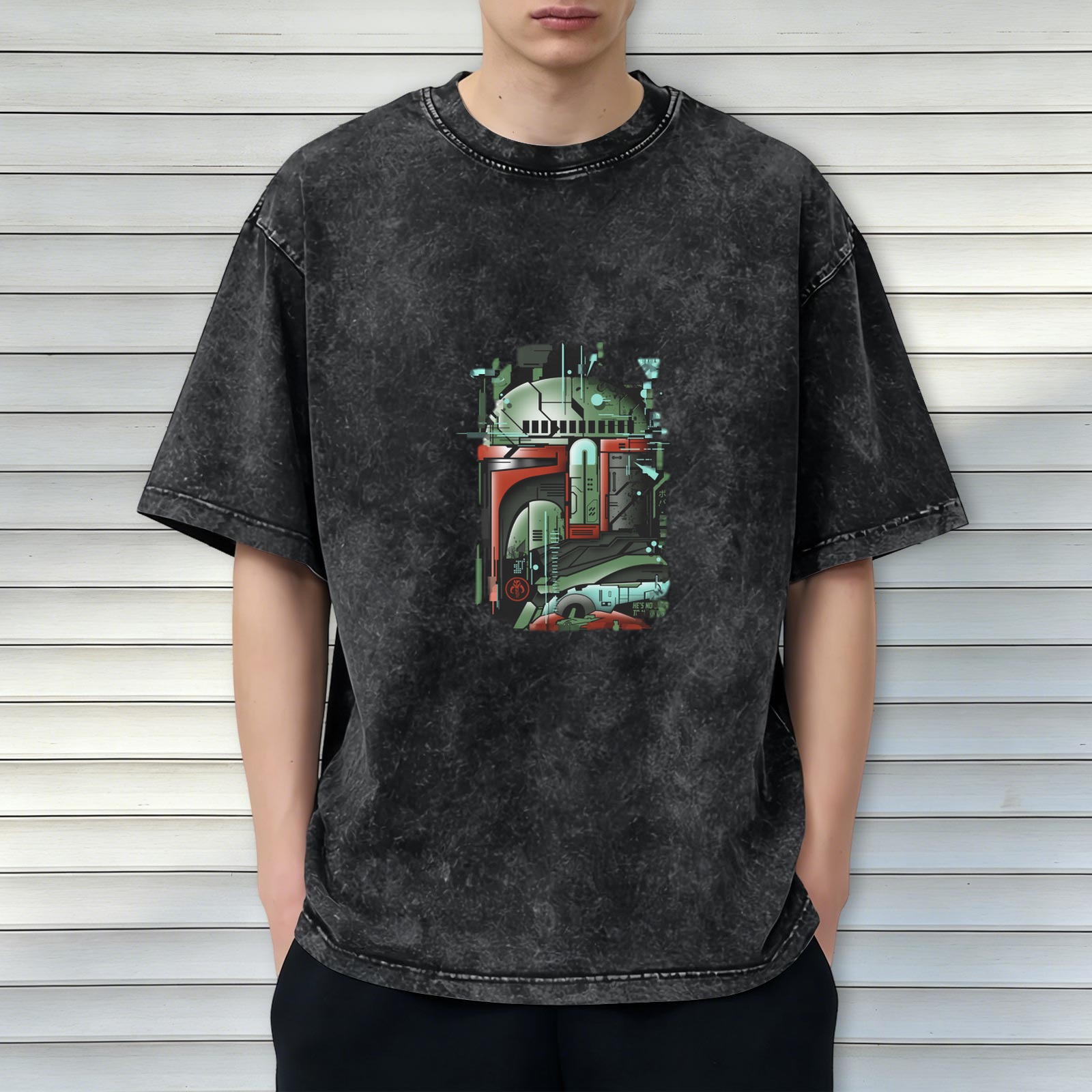 Star Wars Boba Fett Helmet Graphic Oversized Stone Wash T-Shirt