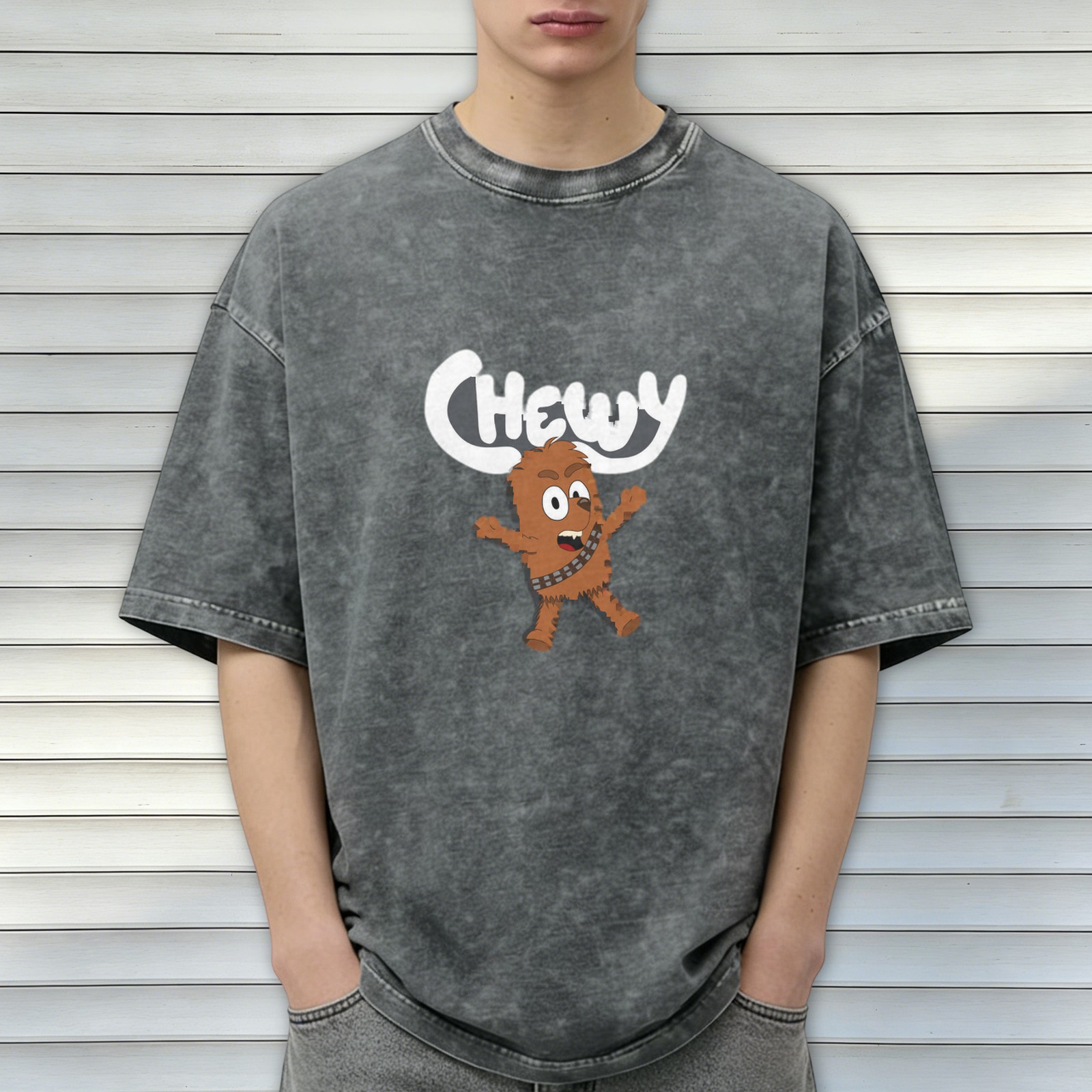 Oversized Vintage Wash T-Shirt with Cartoon Chewbacca 'Chewy' Graphic Print