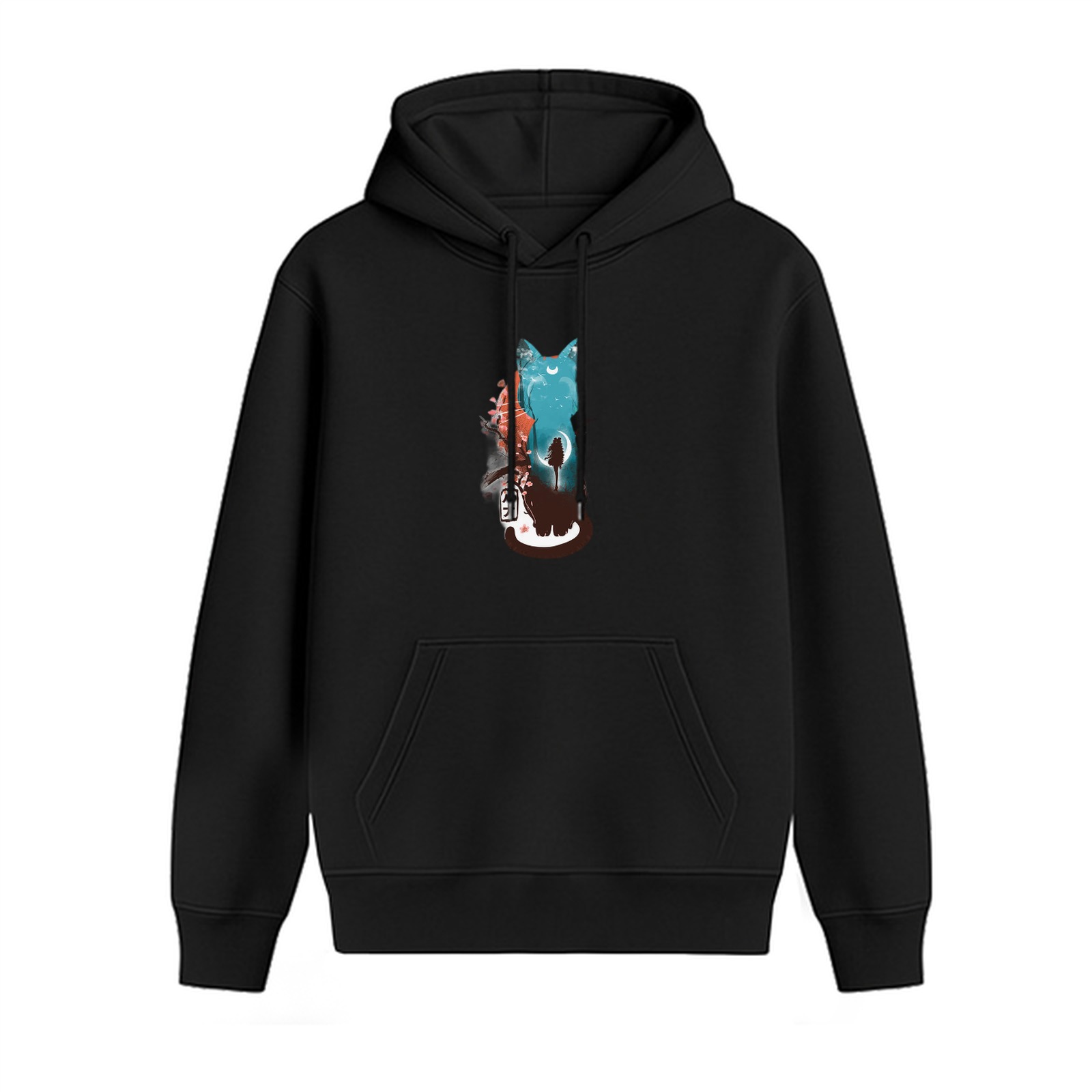 Black Hoodie With Celestial Cat Graphic Print