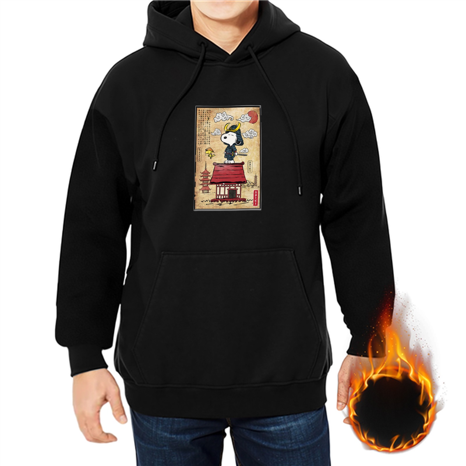 Black Hoodie With Samurai Snoopy Japanese Art Print