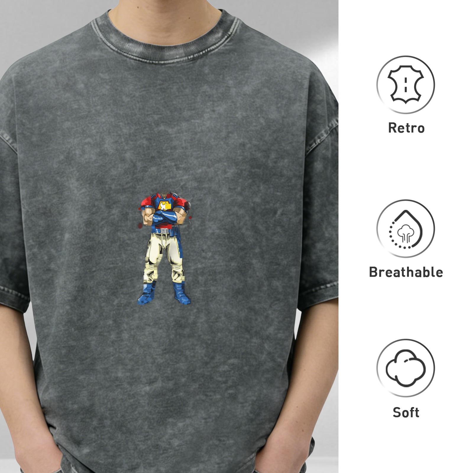 Oversized Dark Wash T-Shirt With Cartoon Character Print