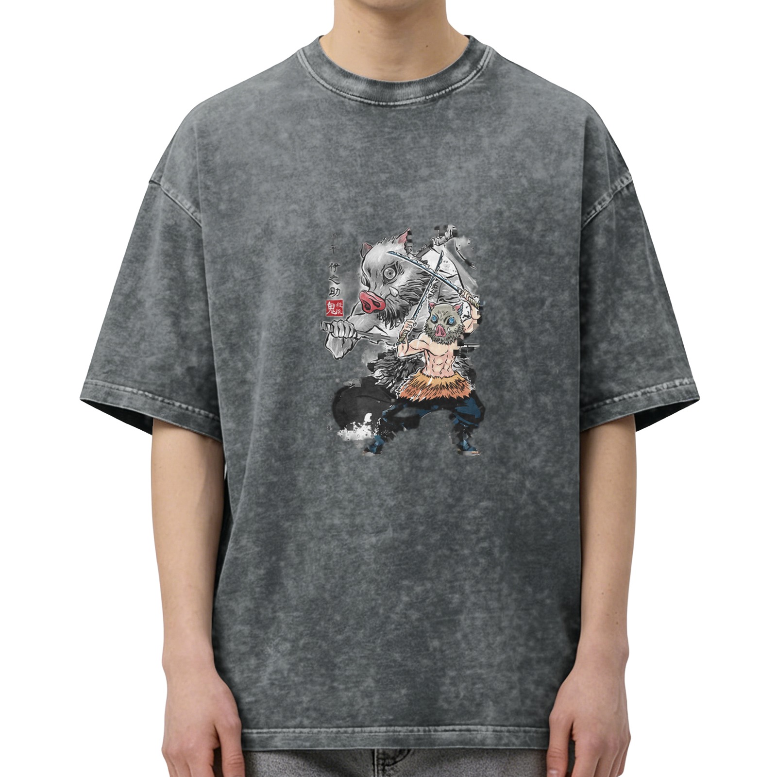 oversized washed anime graphic t-shirt with boar mask character design