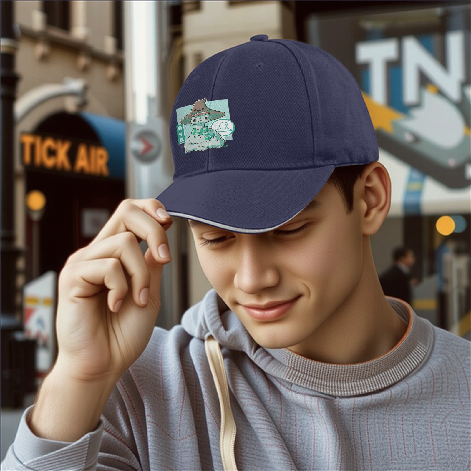 Black Baseball Cap With Cute Witch Snake Character Graphic