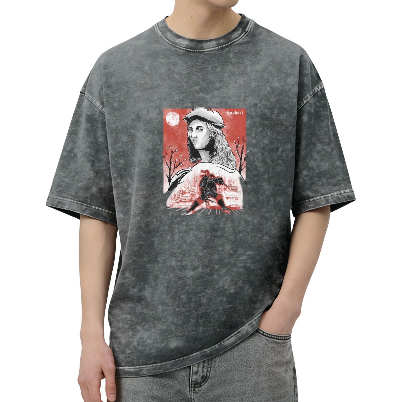 Oversized dark washed t-shirt with Renaissance artist and ninja turtle graphic