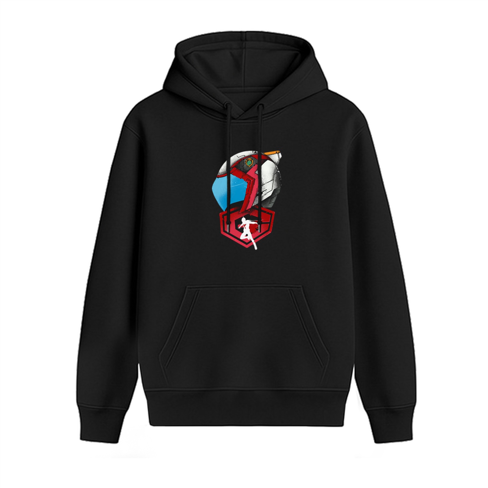 Black Hoodie With Anime Mech Helmet Graphic Print