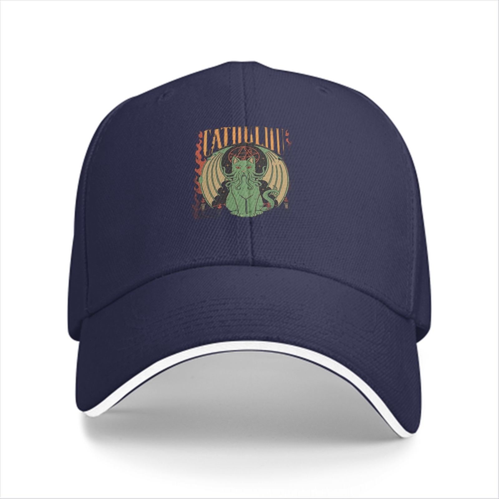 Black baseball cap with Cthulhu cat graphic design