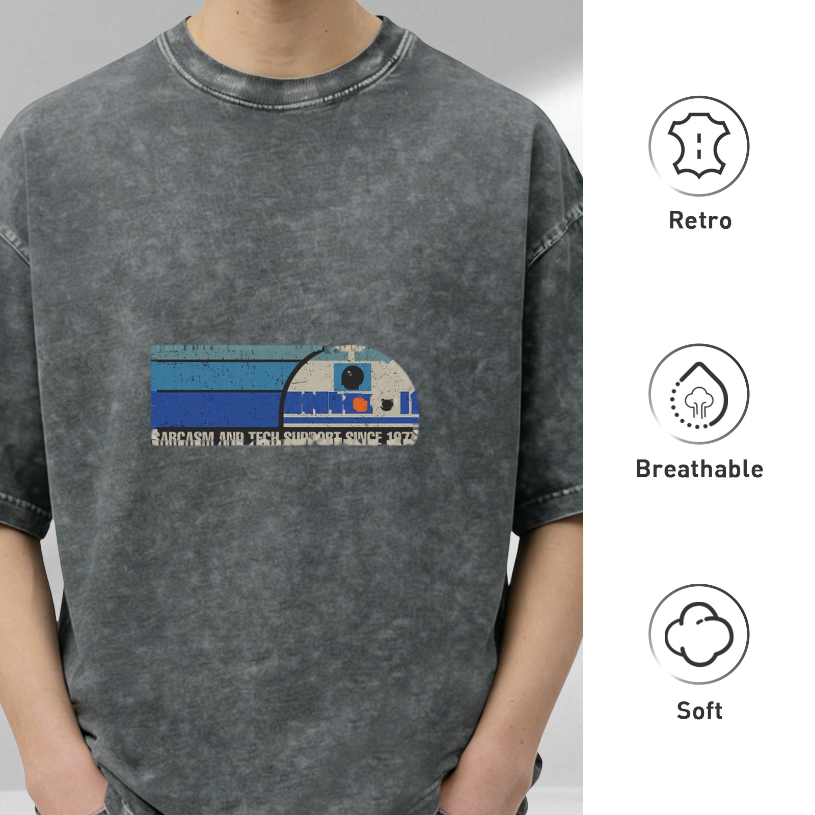 Vintage Wash Sarcasm & Tech Support Since 1977 R2-D2 Graphic T-Shirt