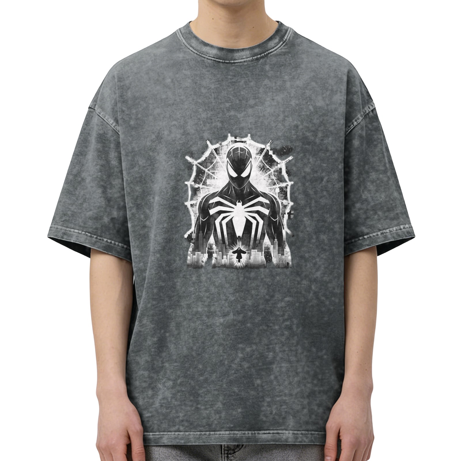Oversized Acid Wash T-Shirt with Symbiote Spider-Man Graphic