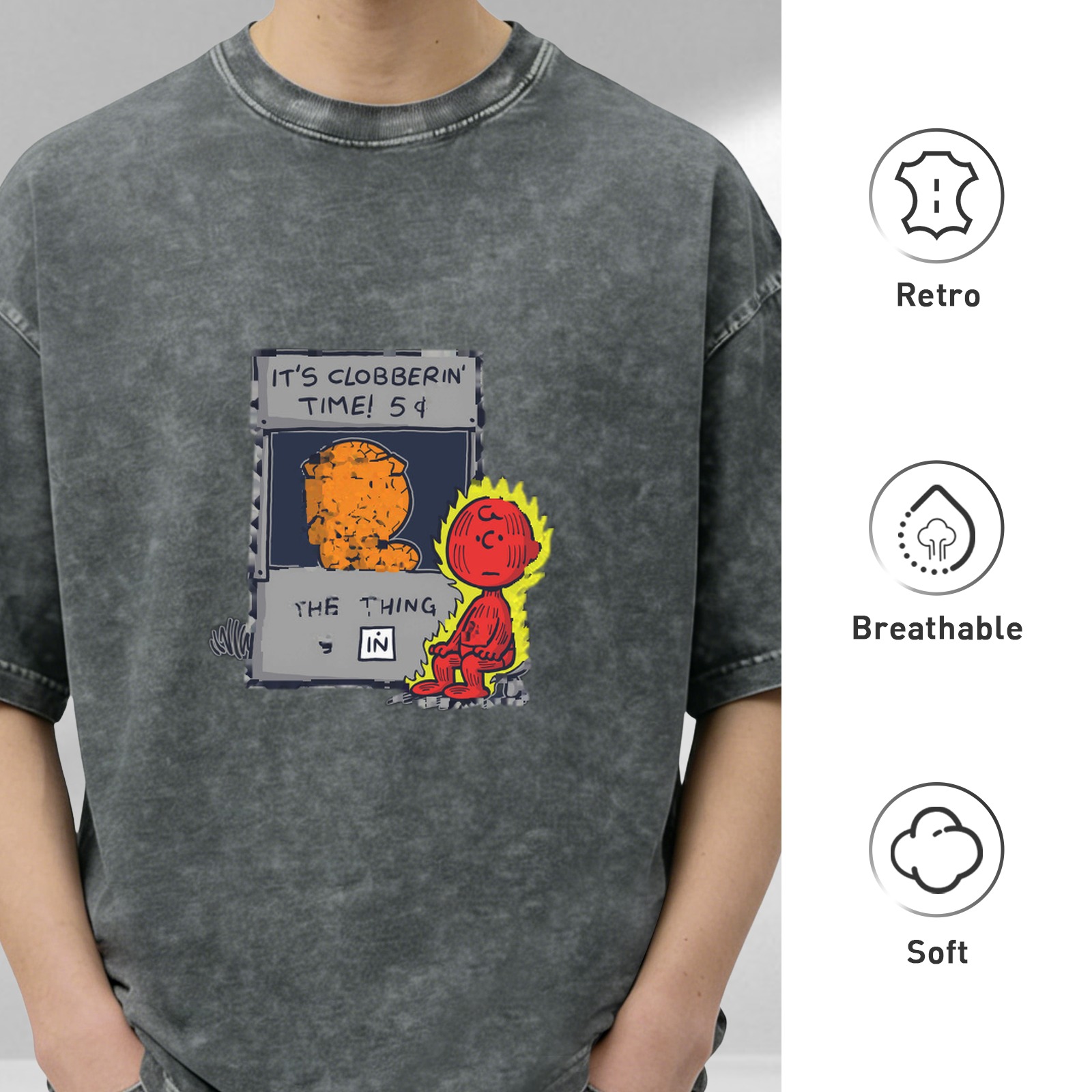 Vintage Acid Wash T-Shirt With It's Clobberin' Time Comic Print