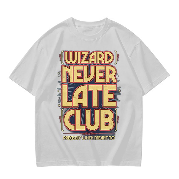 Olive t-shirt with Wizard Never Late Club graphic print