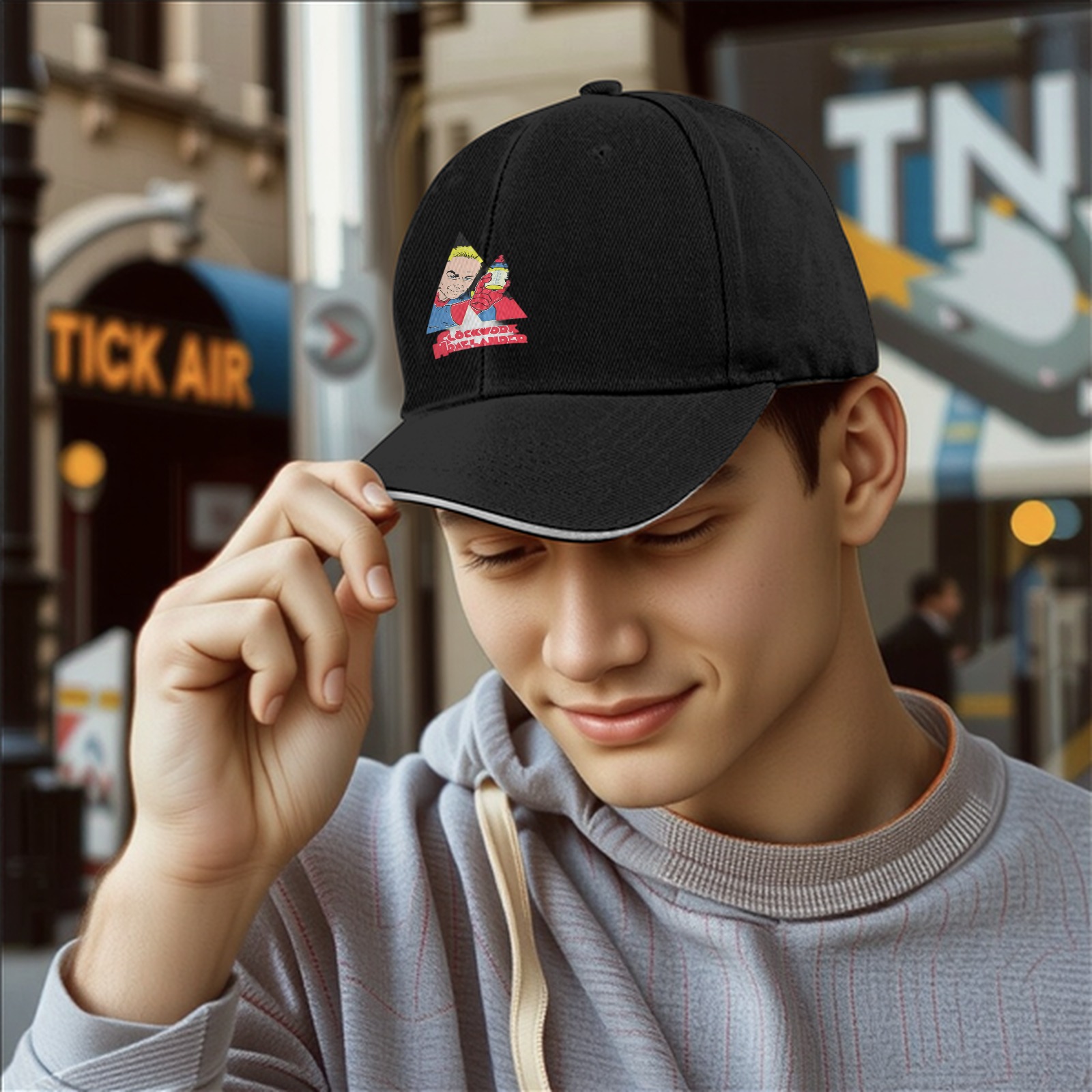 Black baseball cap with Clockwork Homelander graphic print