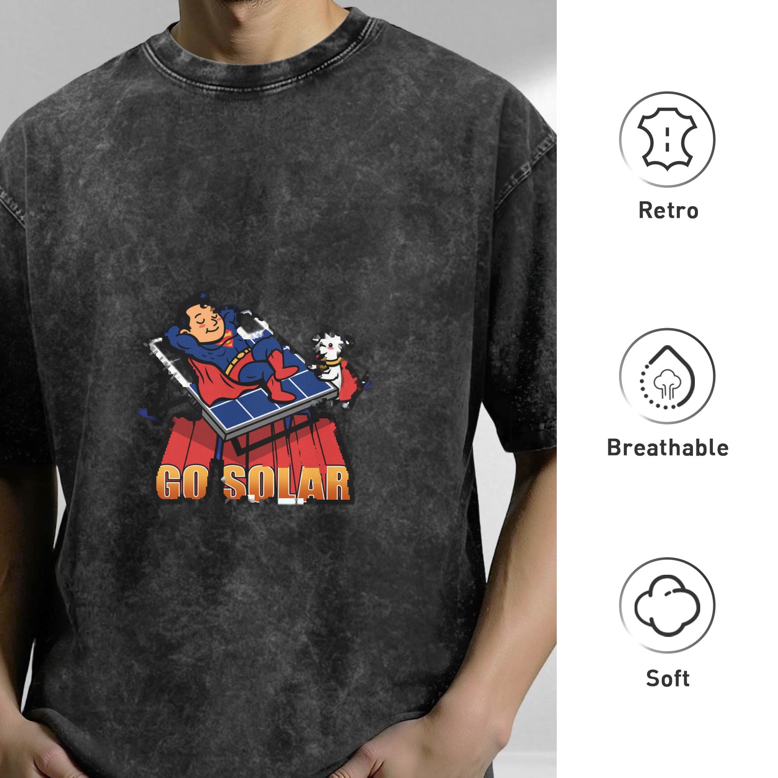 Oversized dark wash t-shirt with Superman and dog on solar panel graphic