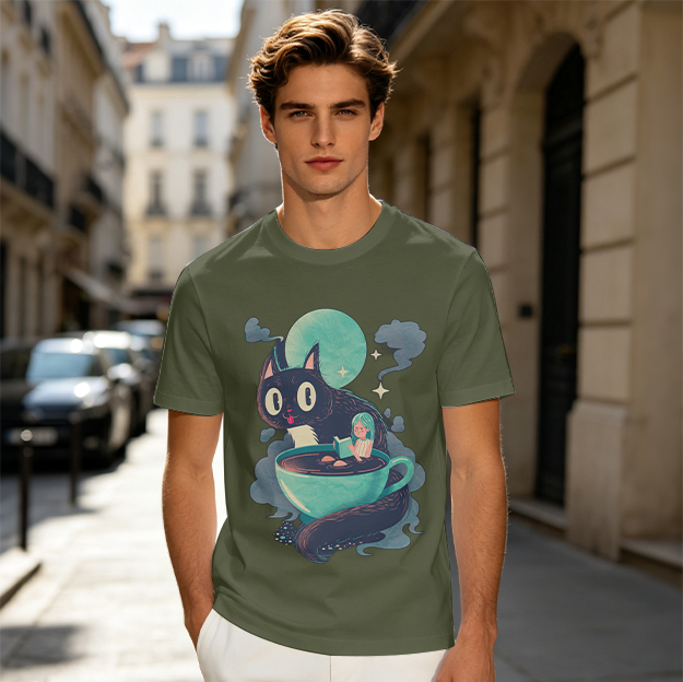 Olive T-Shirt With Whimsical Black Cat Reading Girl In Teacup Print