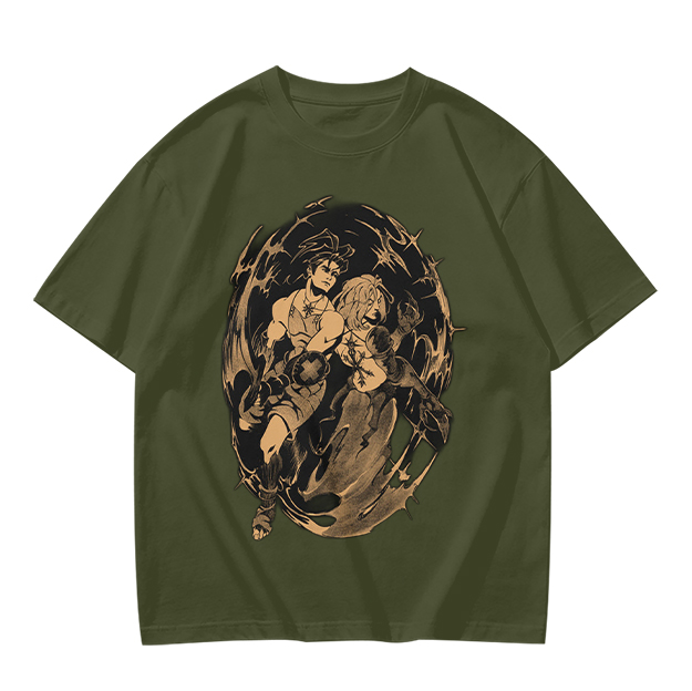 Olive Graphic Tee with Dynamic Anime Character Art Print