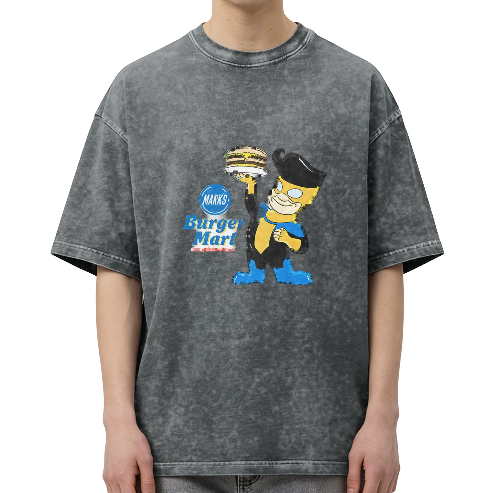 Oversized Acid Wash T-Shirt with Burger Mart Bart Simpson Print