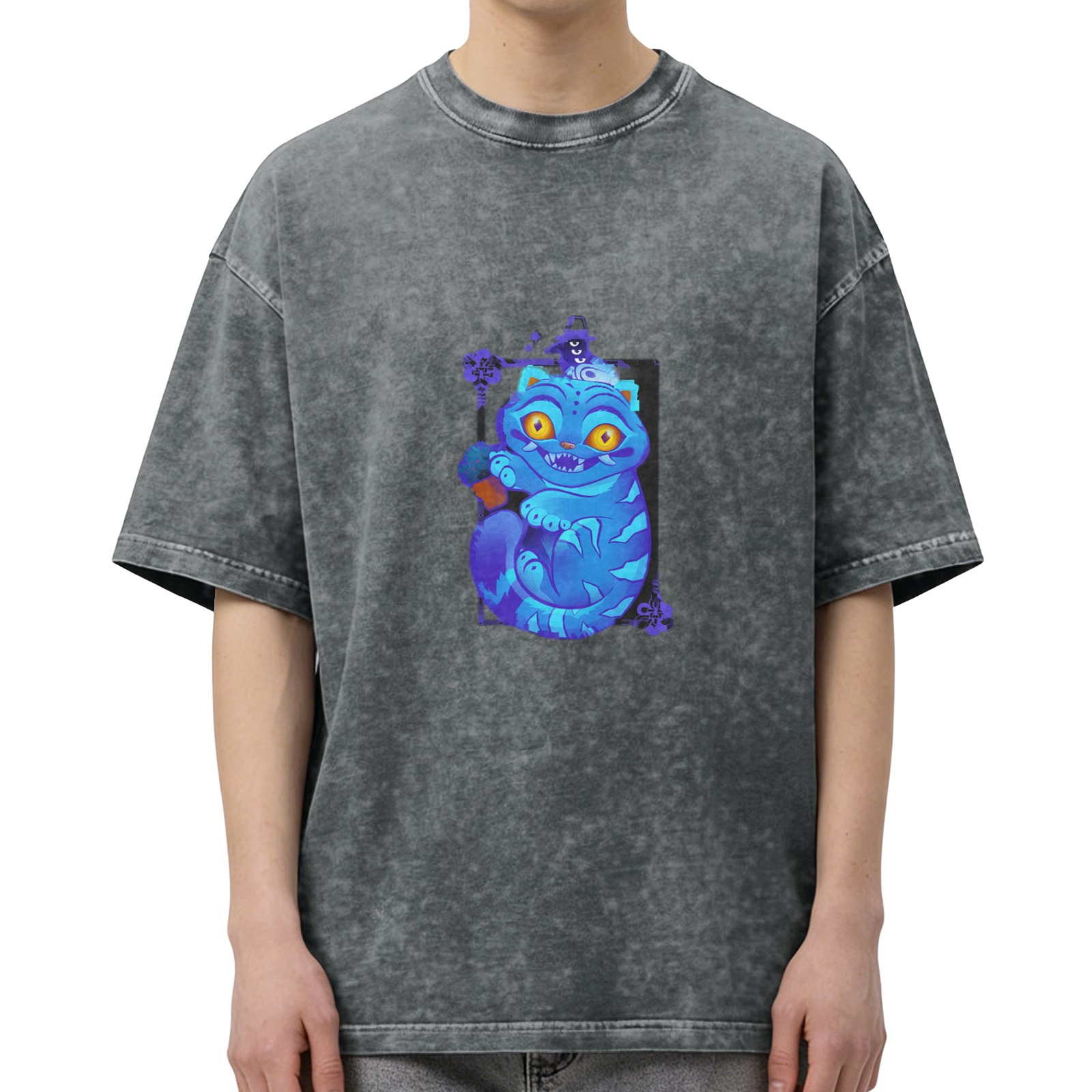 Distressed black loose short-sleeved T-shirt Cheshire cat cartoon print personalized trendy casual top