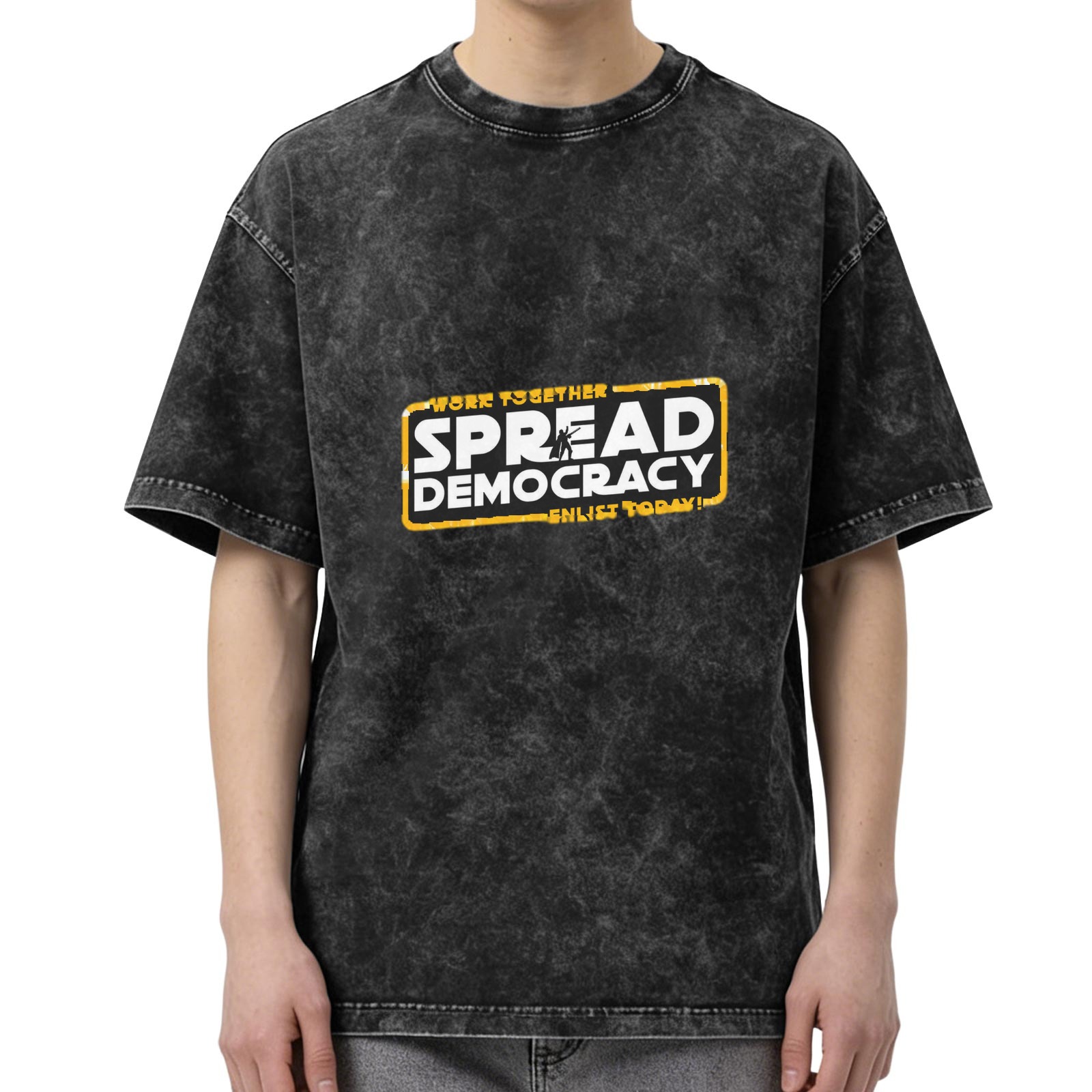 Oversized Acid Wash Graphic T-Shirt with 'Spread Democracy' Star Wars Parody Print