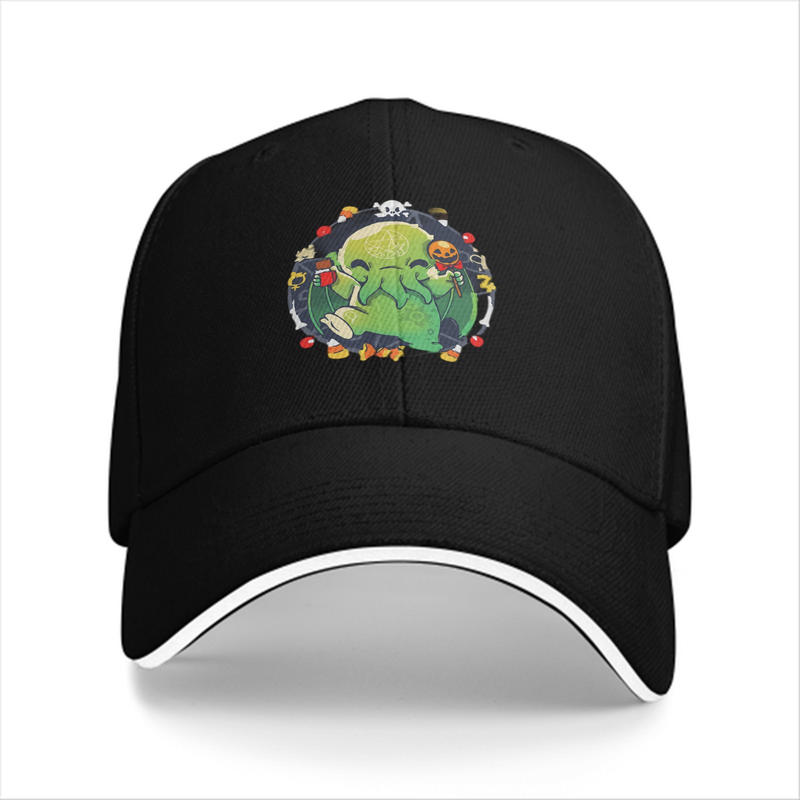 Black Baseball Cap With Cute Halloween Cthulhu Graphic Print