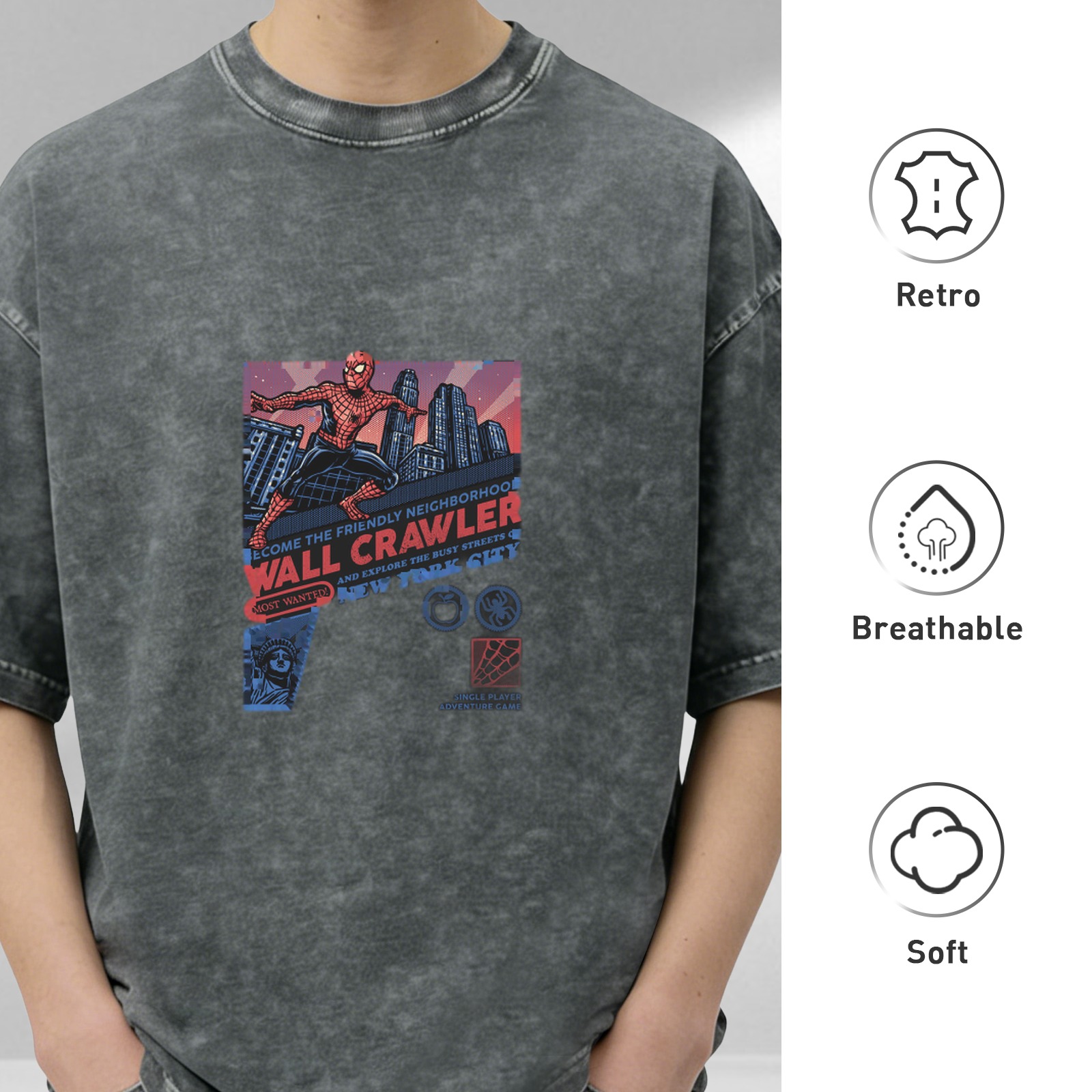 acid wash t-shirt with spider-man wall crawler graphic