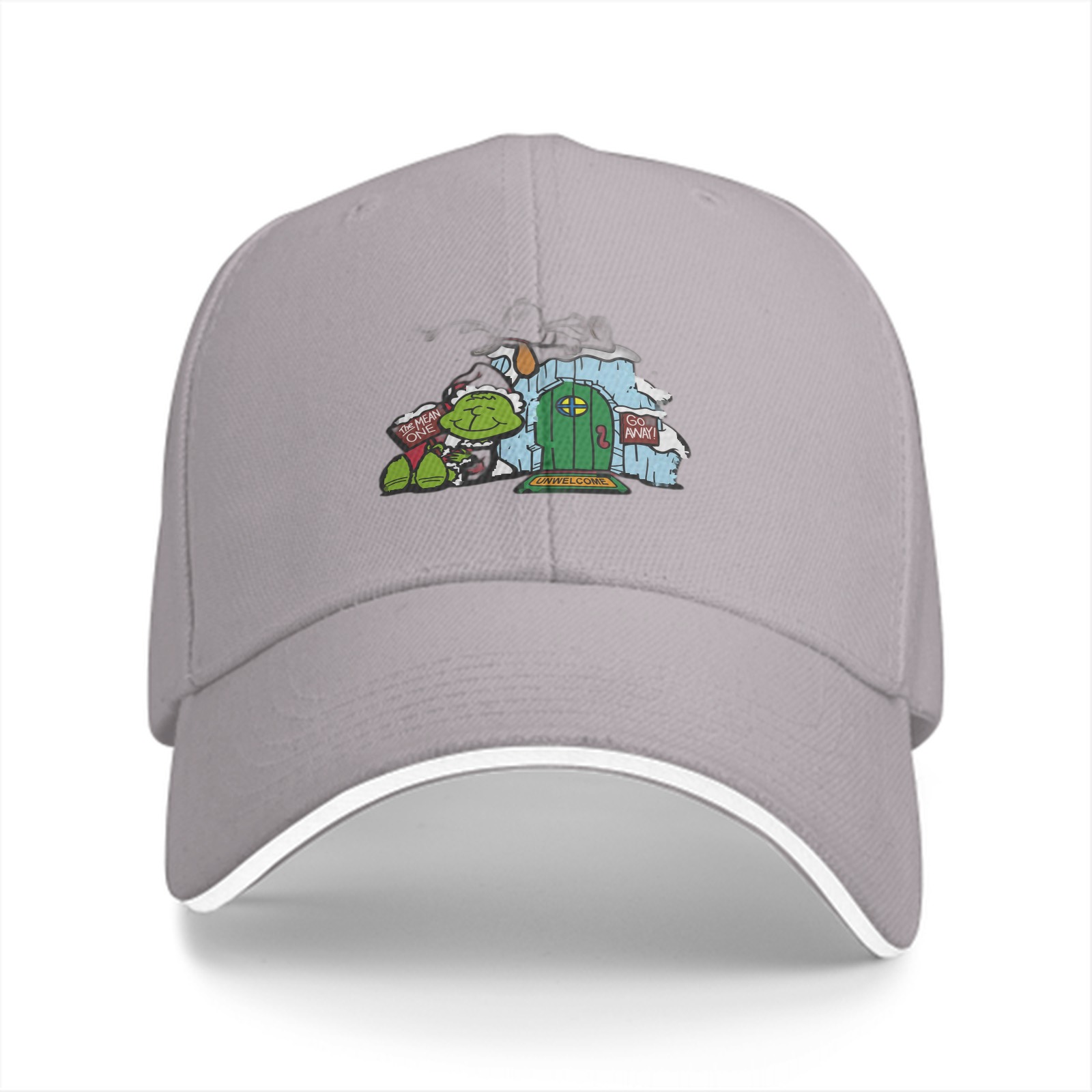 Black baseball cap with Grinch-themed holiday door print