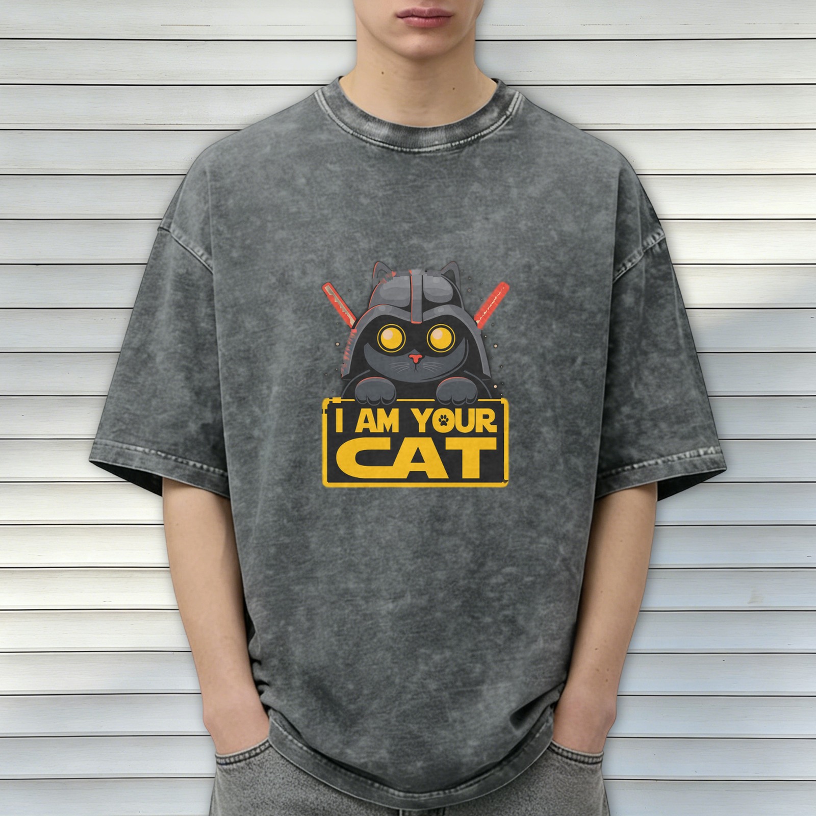 I Am Your Cat Darth Vader Parody Black Acid Wash T-Shirt