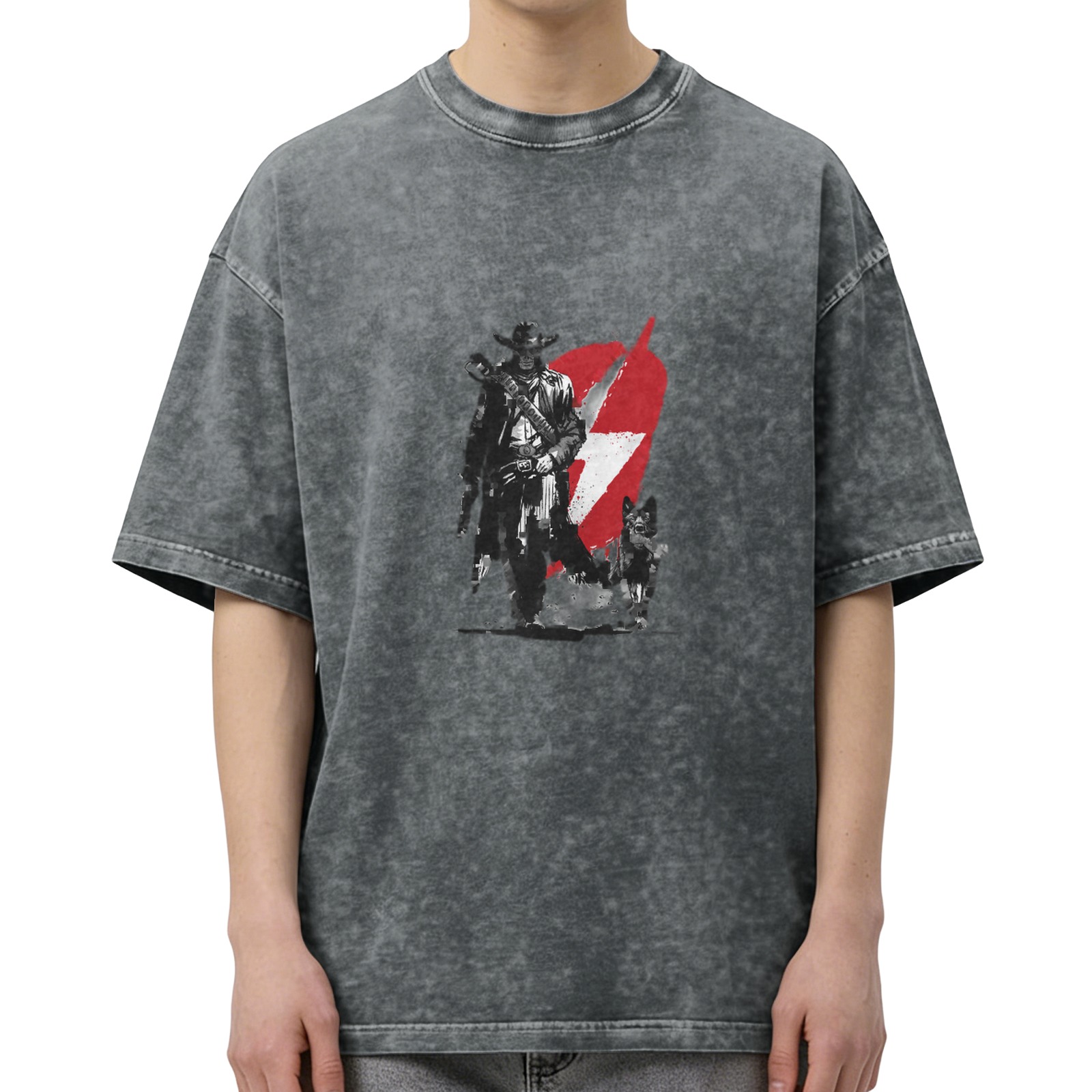 Distressed washed black loose short-sleeved T-shirt with retro pirate style graphic print