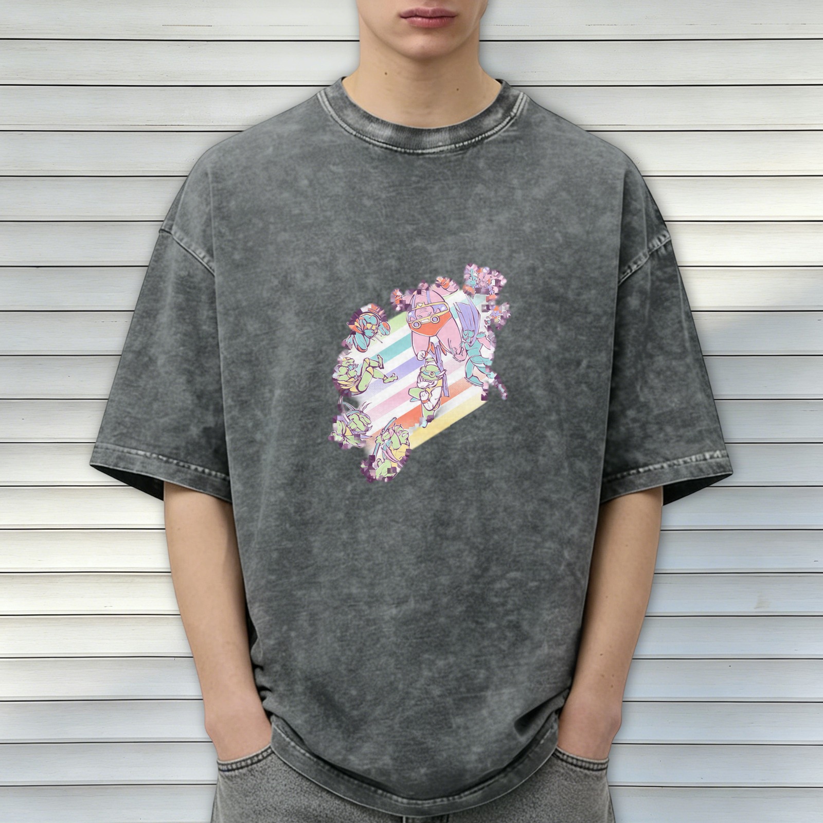 Oversized Acid Wash Graphic T-Shirt with Pastel Anime Characters