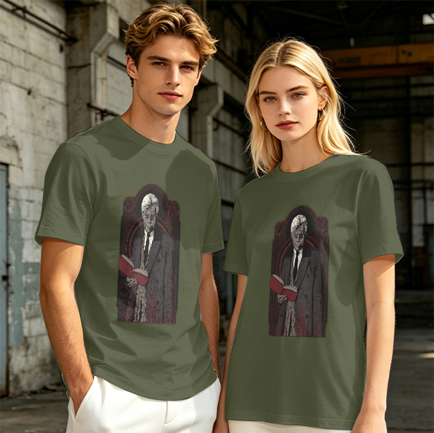Olive T-shirt with Gothic Figure Holding Red Book Print