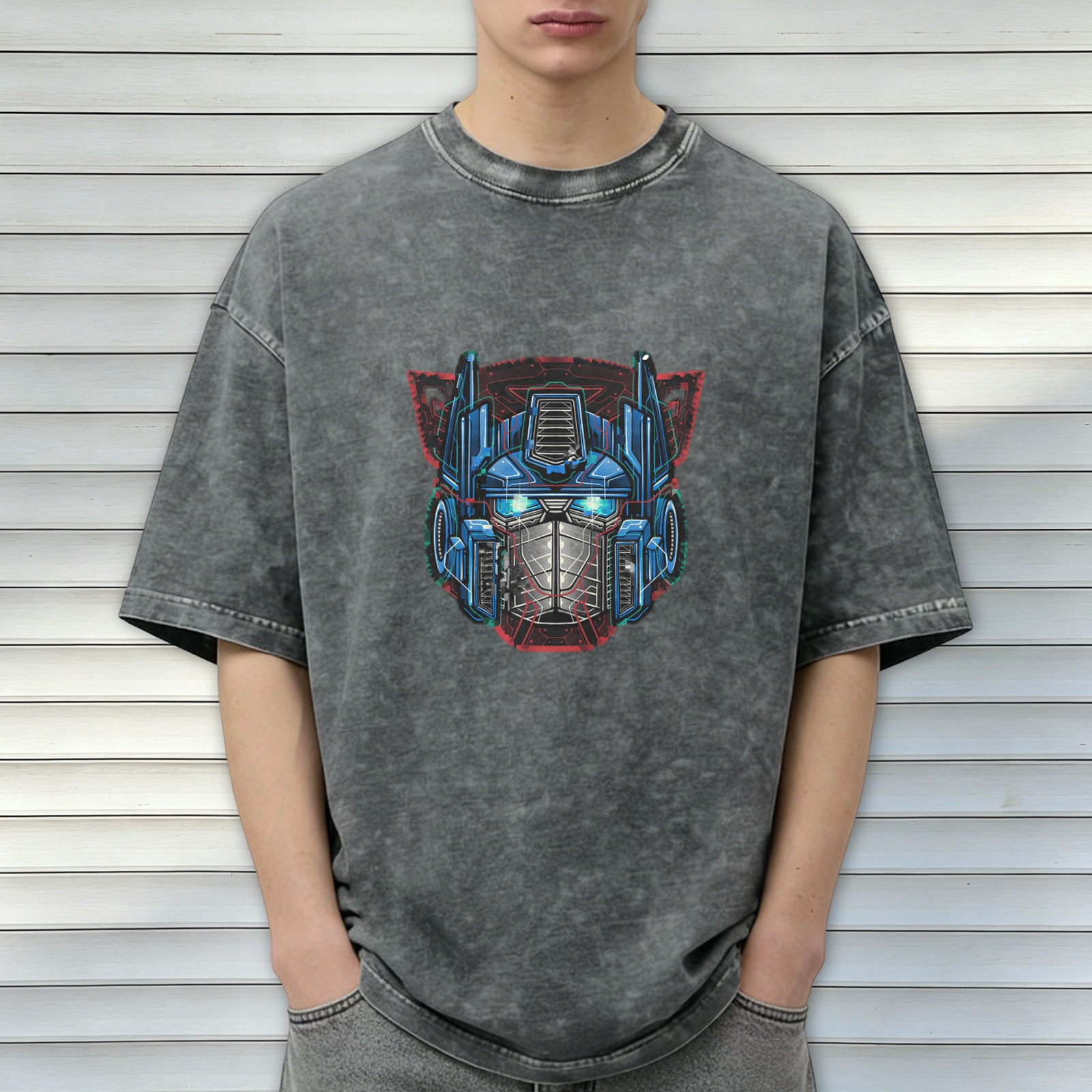 Washed Black T-Shirt With Robot Head Graphic Print
