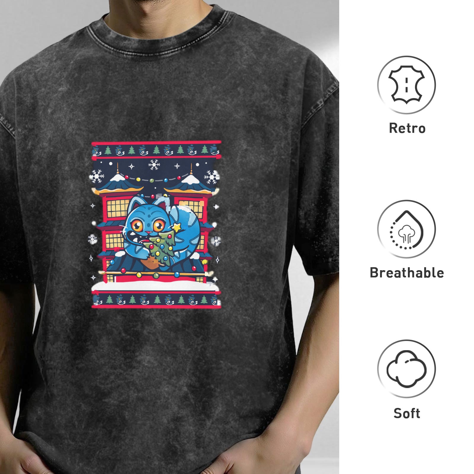 Oversized Dark Wash T-Shirt With Blue Cat Christmas Japanese Graphic