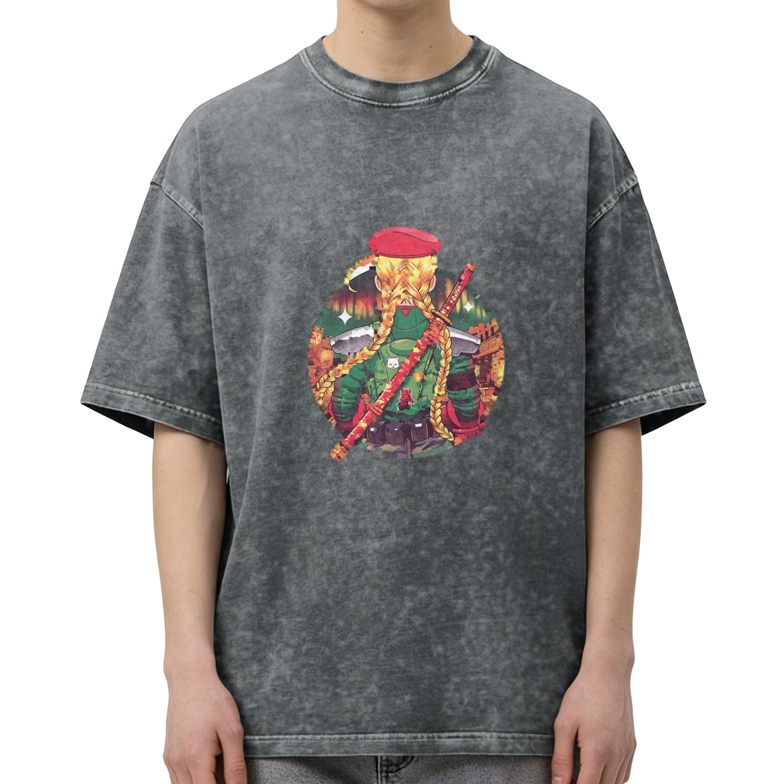 Oversized black washed t-shirt with anime character graphic print