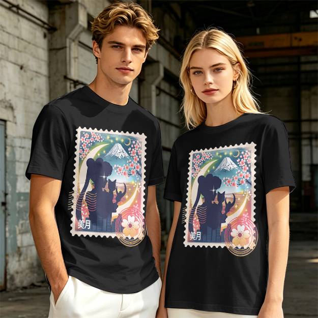 Olive T-shirt with Japanese stamp-style anime graphic print