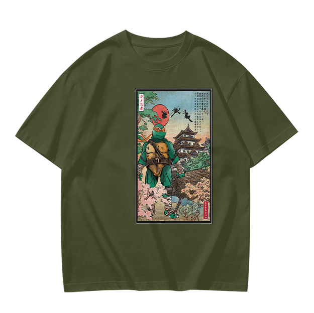 Olive T-Shirt with Ninja Turtle Ukiyo-e Style Print