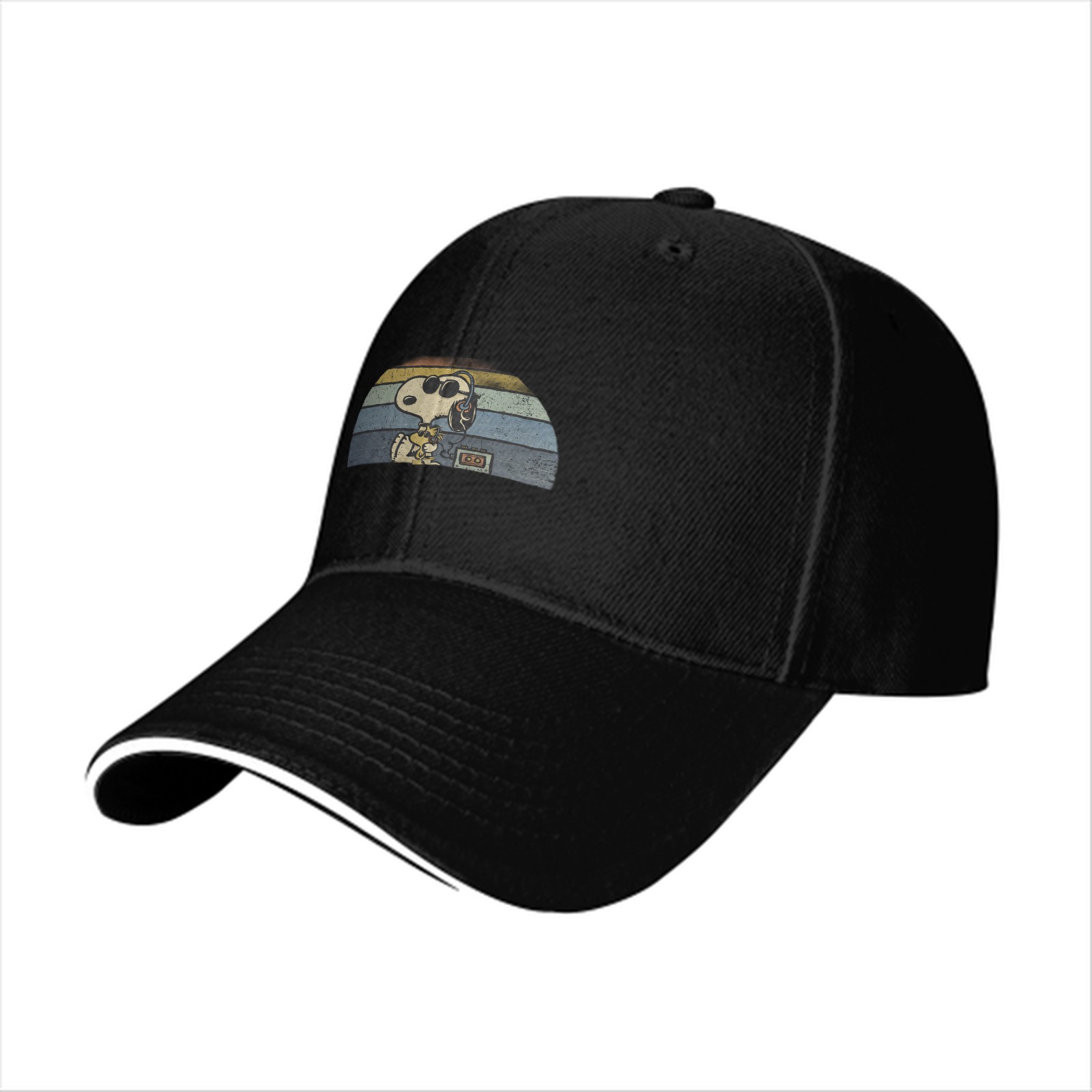 Black baseball cap with Snoopy retro sunset graphic