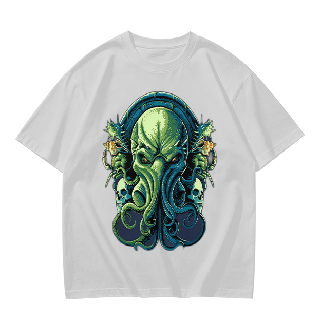 Olive Green T-Shirt With Cthulhu Skull Graphic Print