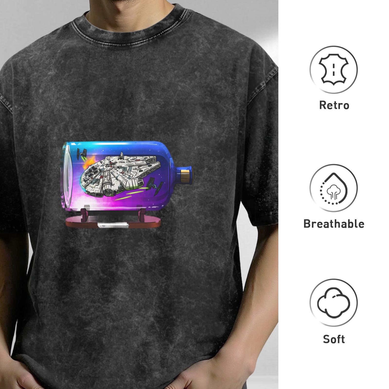Oversized Acid Wash T-Shirt with Spaceship in Bottle Graphic