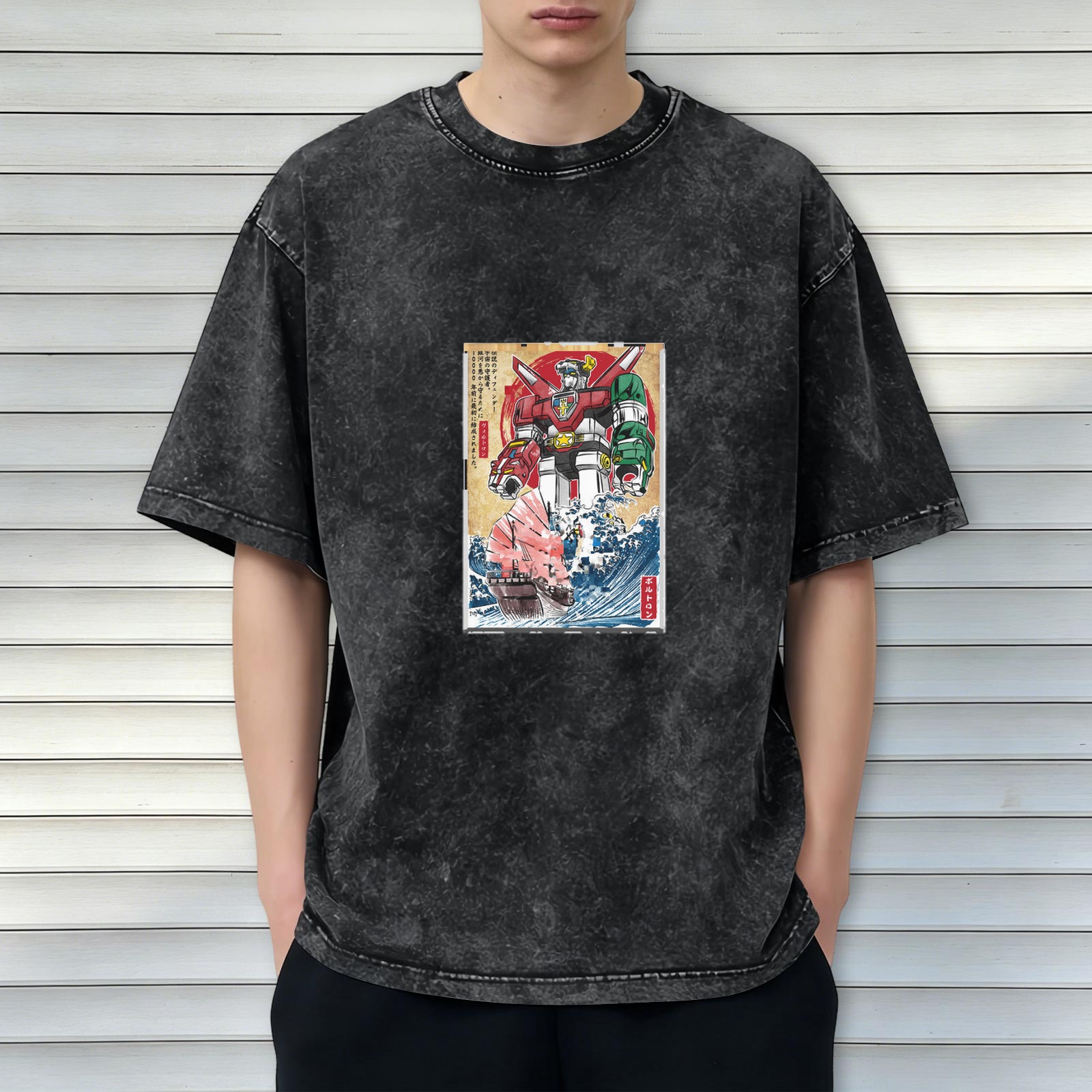Oversized dark washed t-shirt with retro mecha robot and wave print