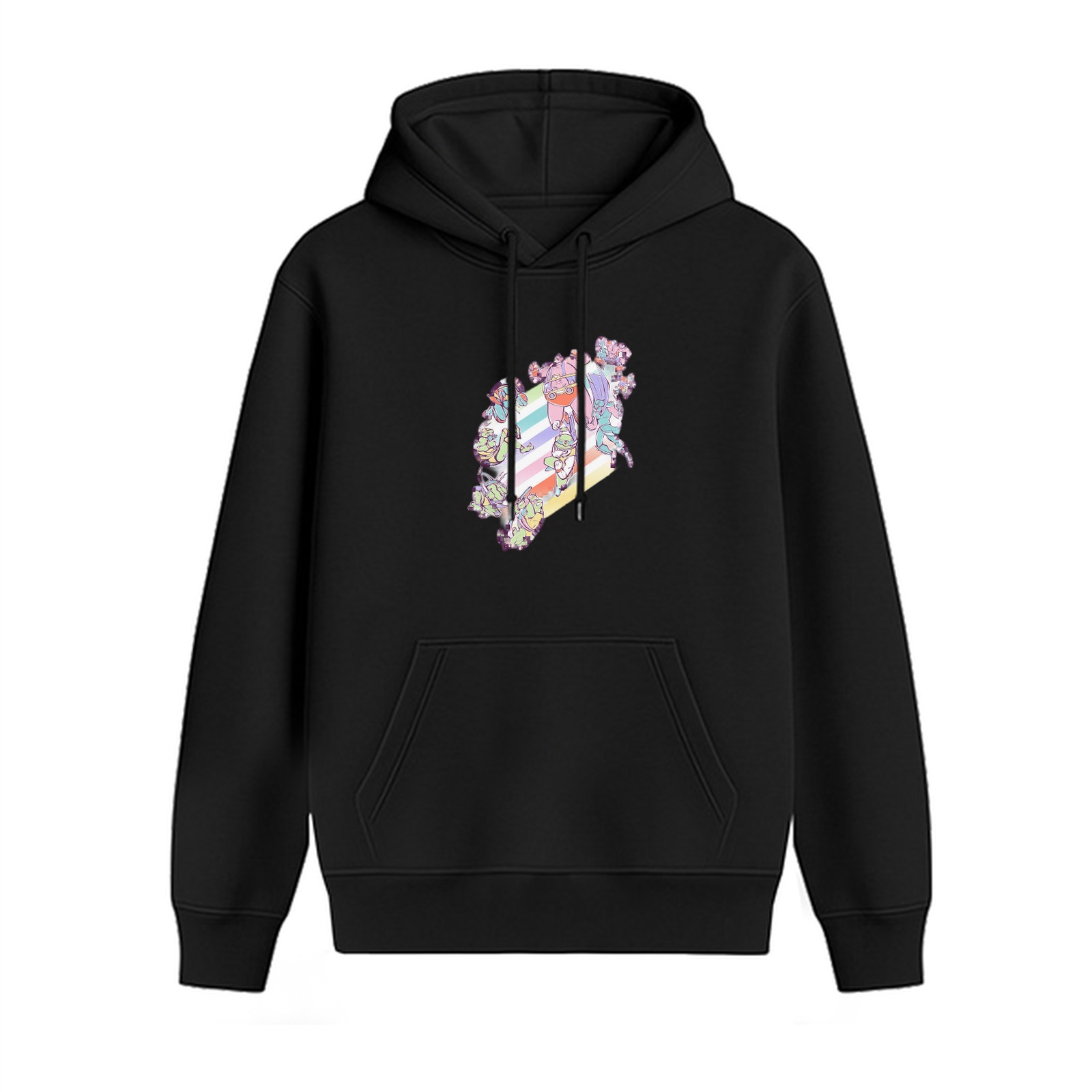 Black Hoodie With Pastel Anime Character Graphic Print