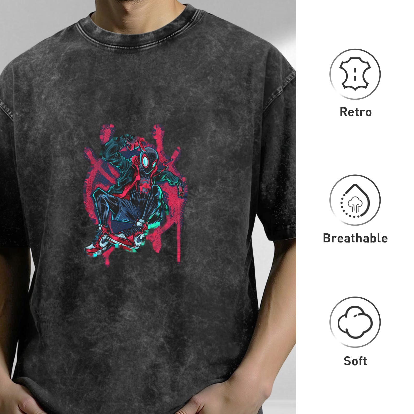 Washed distressed black short-sleeved T-shirt Miles Spider-Man printed street fashion loose top