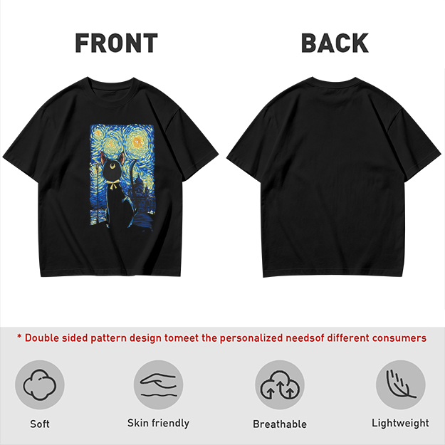 Olive T-Shirt with Starry Night Cat Art Print