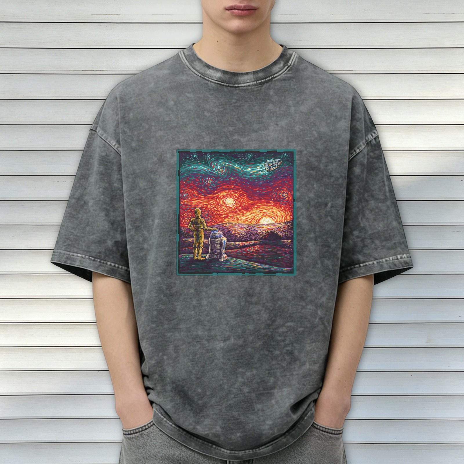 Star Wars Van Gogh Style Droid Graphic Vintage Wash T-Shirt