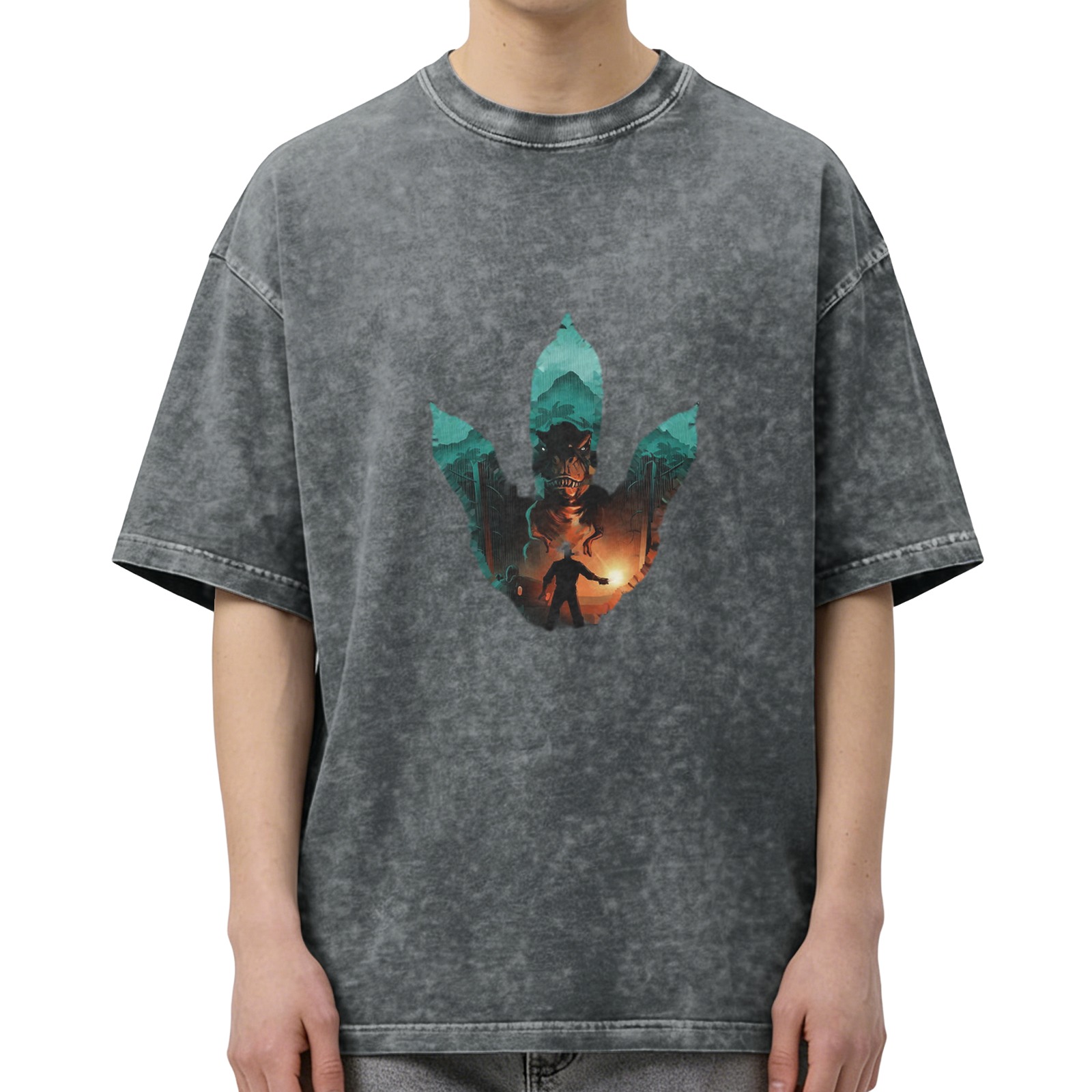 Distressed washed black dinosaur paw print short-sleeved T-shirt